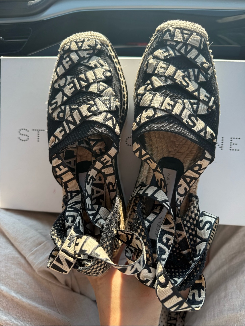 Stella McCartney Black & Cream Logo Lace-Up Espadrille Wedges